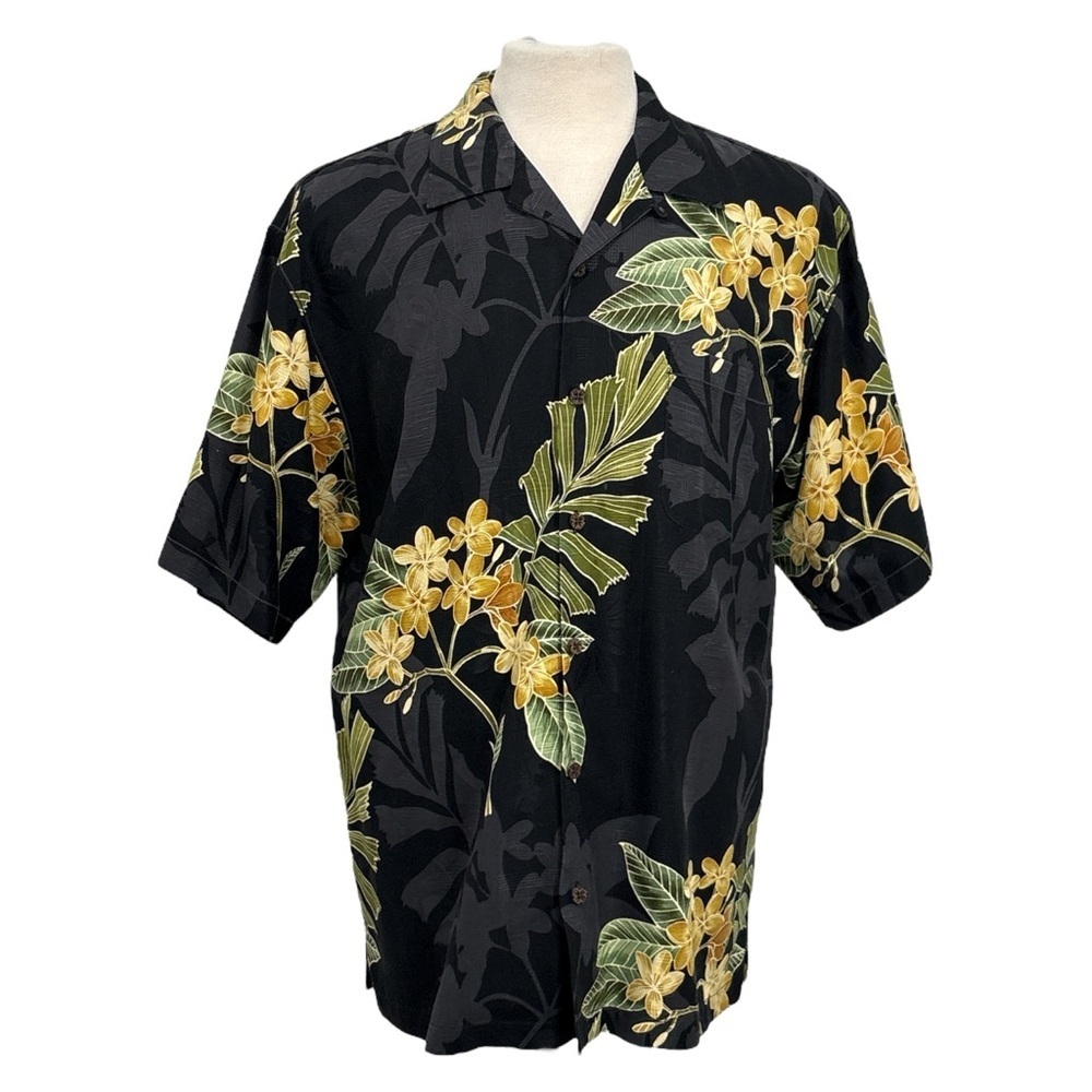 Tommy Bahama Shirt Mens L Black Floral 100% Silk Hawaiian Tropical Short Sleeve